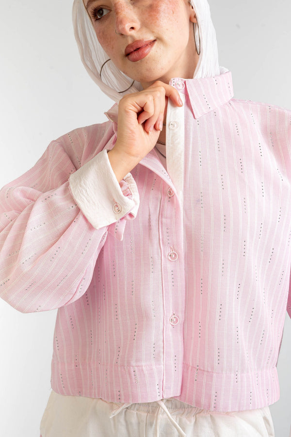 Sparkle Striped Linen Shirt — Blush Pink