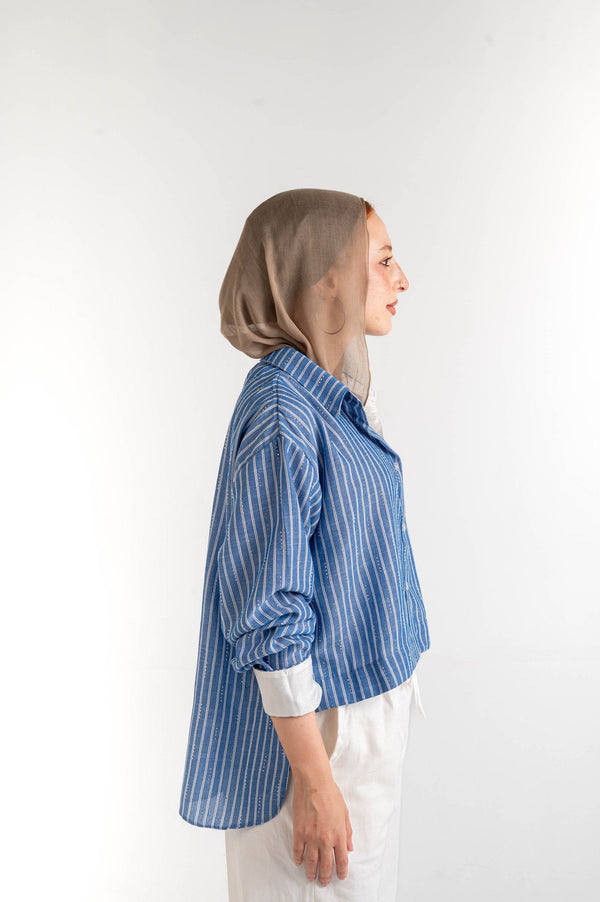 Sparkle Striped Linen Shirt — Harbour Blue