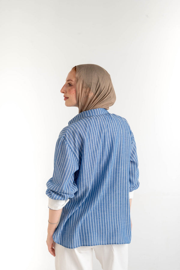 Sparkle Striped Linen Shirt — Harbour Blue