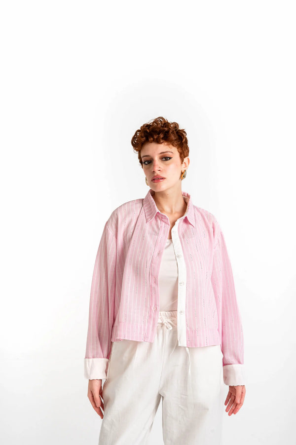 Sparkle Striped Linen Shirt — Blush Pink