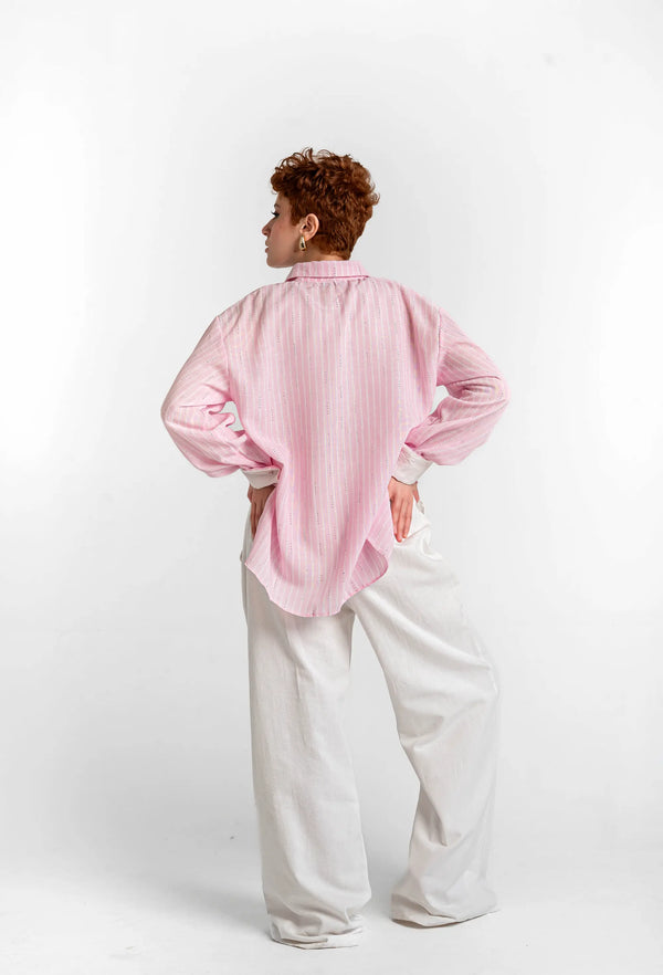 Sparkle Striped Linen Shirt — Blush Pink