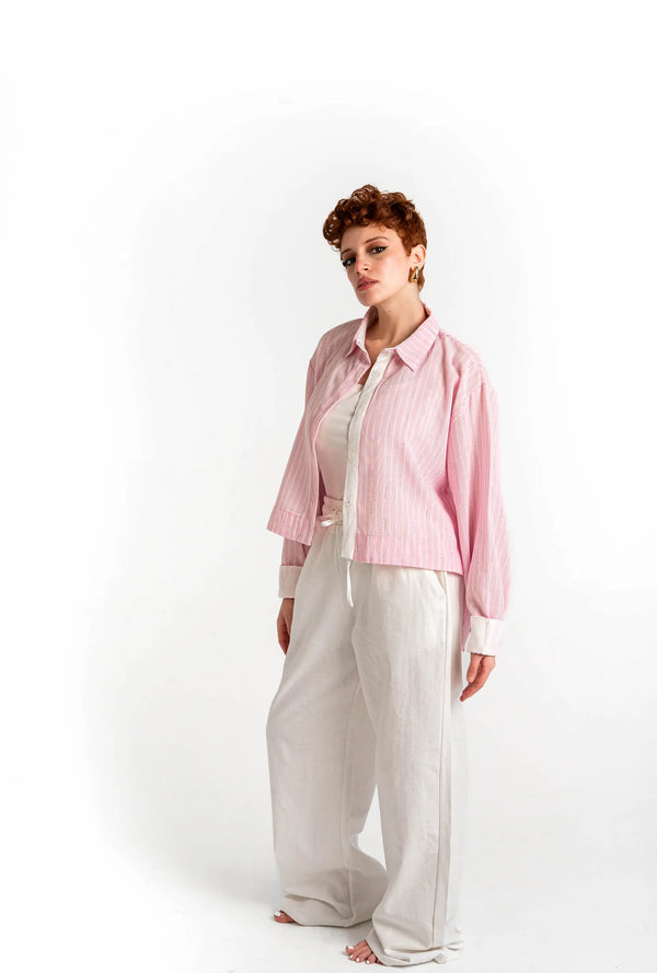 Sparkle Striped Linen Shirt — Blush Pink