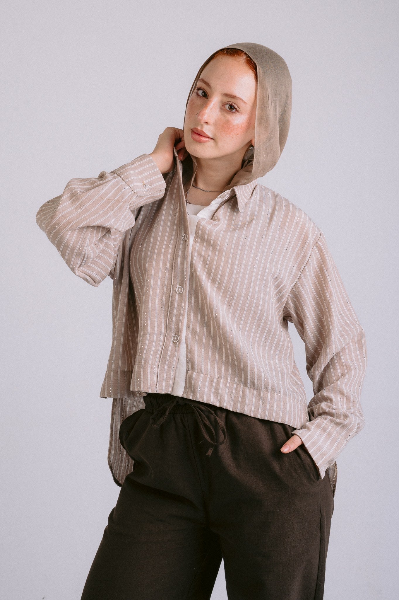Sparkle Striped Linen Shirt — Beige