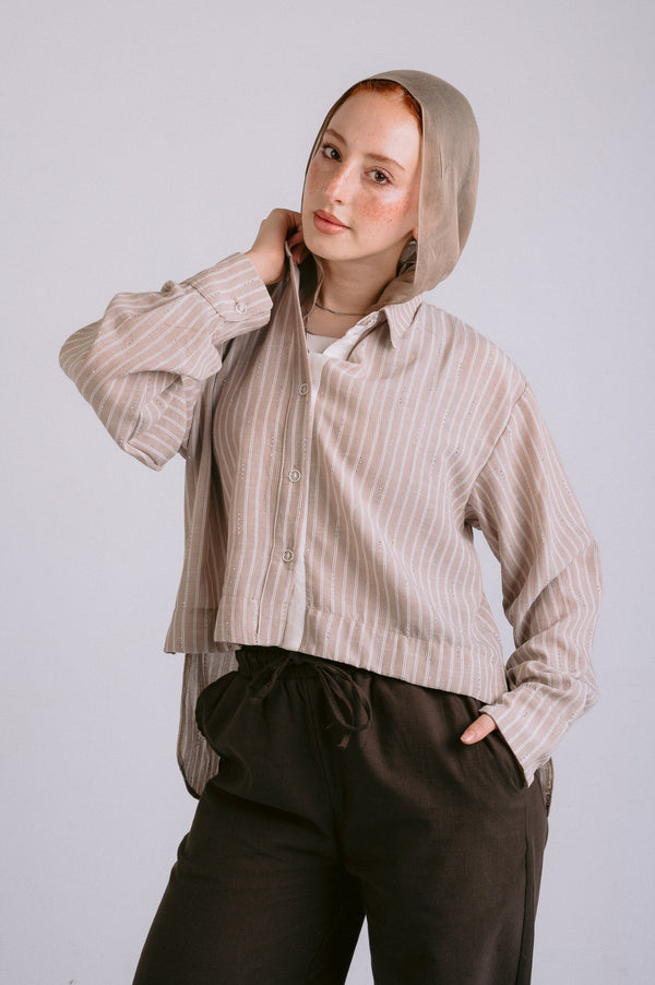 Sparkle Striped Linen Shirt — Beige
