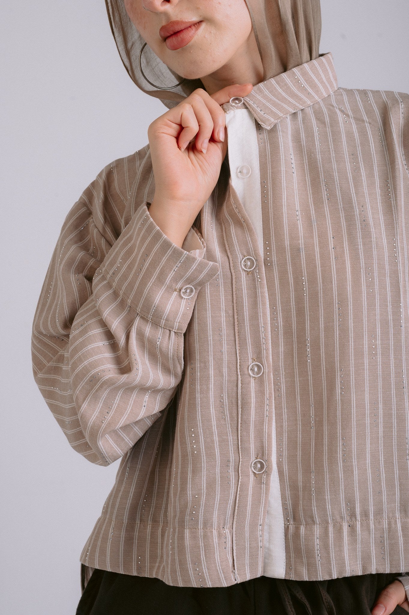 Sparkle Striped Linen Shirt — Beige