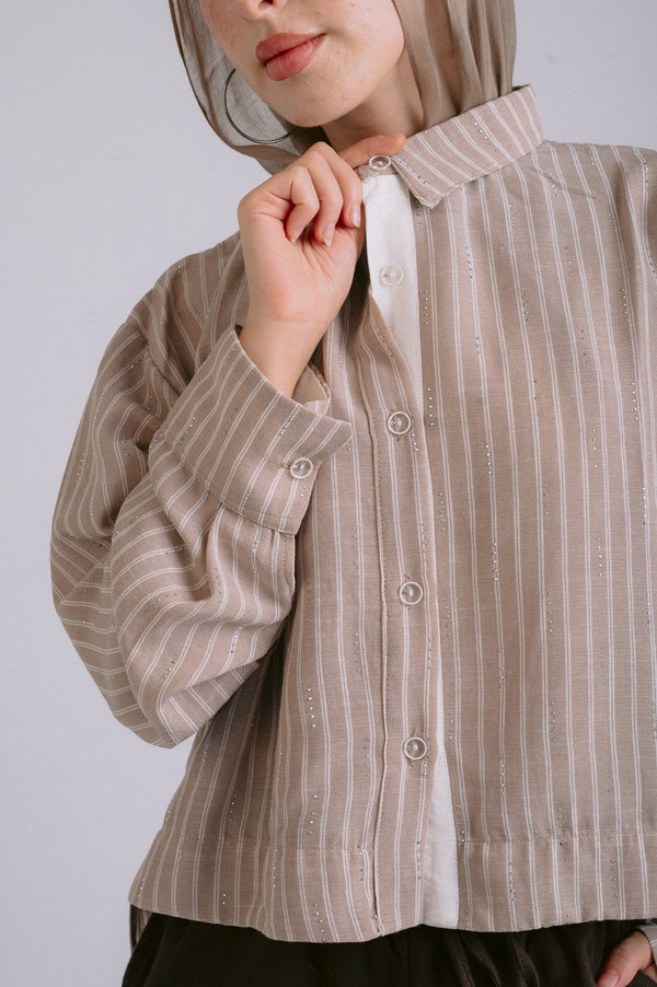 Sparkle Striped Linen Shirt — Beige
