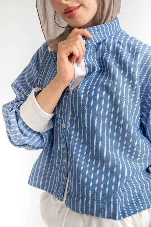 Sparkle Striped Linen Shirt — Harbour Blue