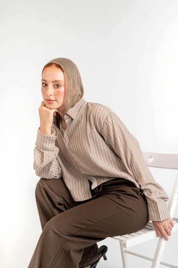 Sparkle Striped Linen Shirt — Beige